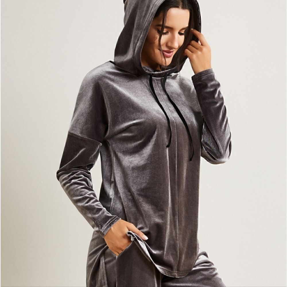 NWT Suzanne Betro Velour Drop Shoulder Hi-Lo Hooded Tunic Grey Small